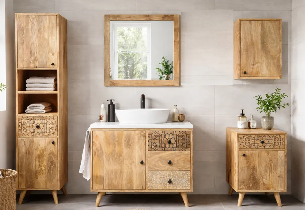 Badhochschrank 40x180cm 'Lyn' Mangoholz mit schwarzen Ornamenten