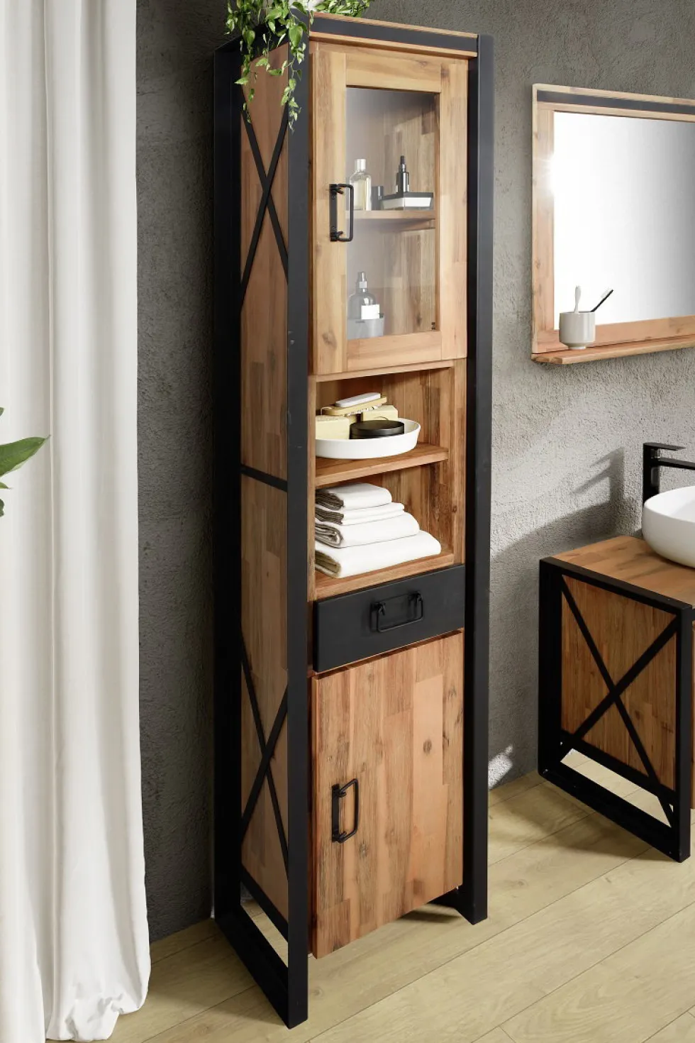 Badhochschrank 45x190cm 'Montreux' Akazie & Metall schwarz