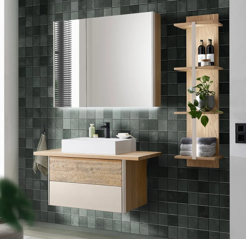 Badmidischrank 39x134cm inkl.Beleuchtung 'Avallon' Wildeiche geölt & creme Rechts