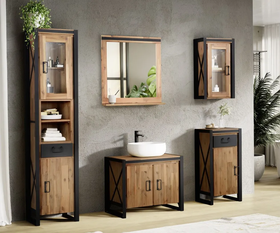 Badunterschrank 45x85cm 'Montreux' Akazie & Metall schwarz