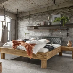 Bett verschiedene Größen Kopfteil anthrazit Holzfüße 'Moderna III' Wildeiche 160 x 200 cm