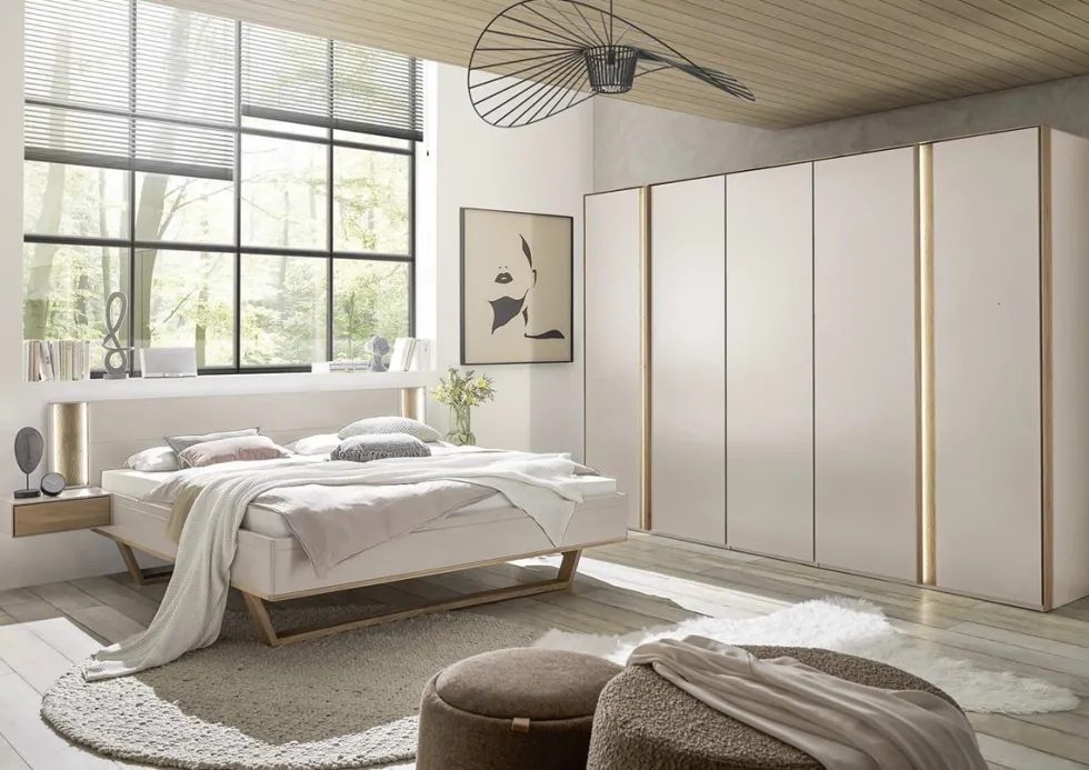 Bett 140x200cm inkl.Beleuchtung & Nakos 'Wynwood' Wildeiche & MDF creme