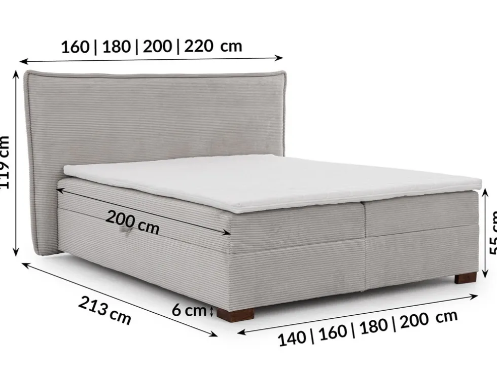 Boxspringbett inkl. Topper 'Olivia' verschiedene Größen Cordstoff grau 180 x 200 cm