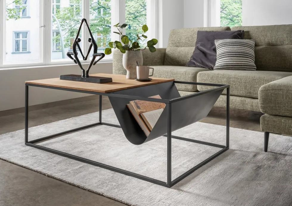 Couchtisch 110x70cm 'Lissabon' Wildeiche Stahl schwarz Zeitungsablage