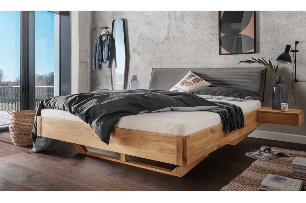 Doppelbett 'Mona VI' 180x200cm Cord grau & Wildeiche geölt