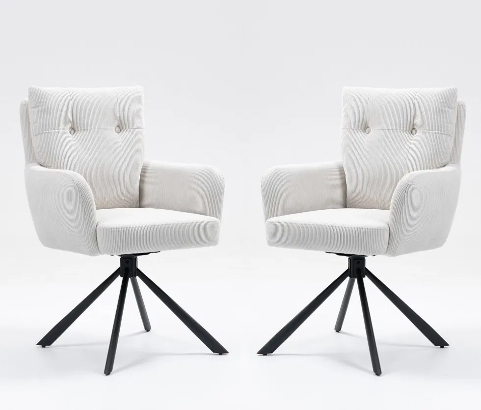 2er-Set Drehstuhl Esszimmerstuhl "Hanna" Cord creme & Metall schwarz