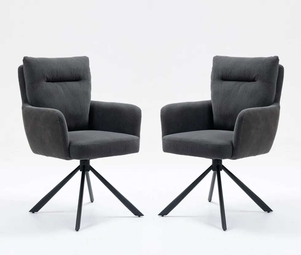 2er-Set Drehstuhl Esszimmerstuhl "Richard" Cord anthrazit & Metall schwarz