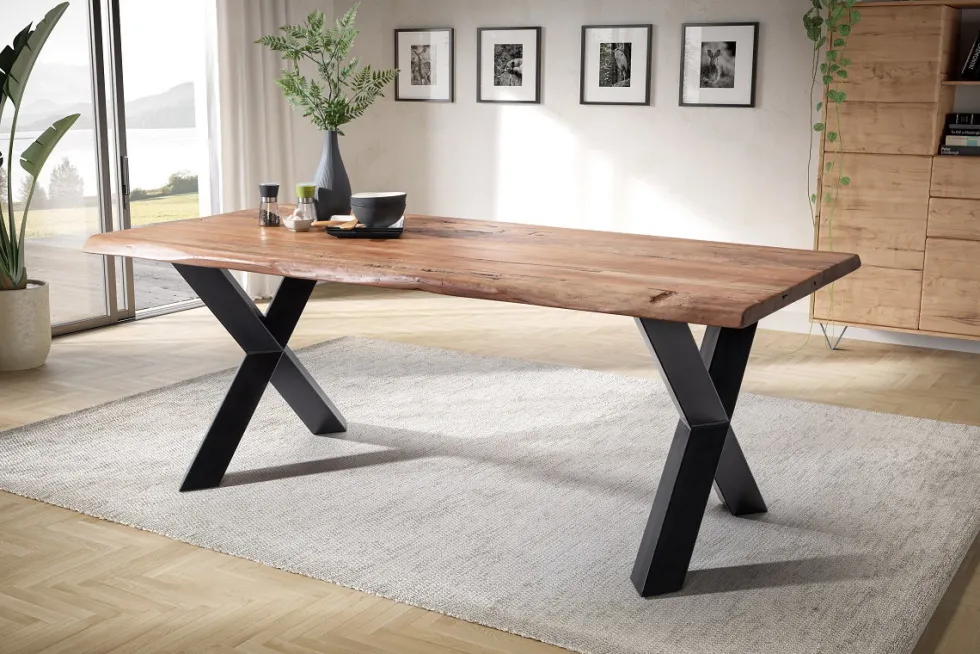 Esstisch mit Baumkante 200x100cm 'Pinta' Altholz & X-Fuß