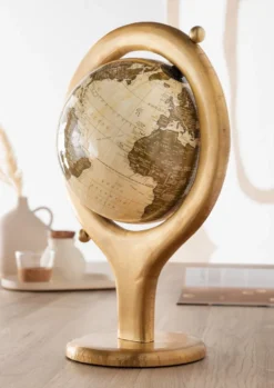 Globus mit Glaskugel "World" Holz goldfarbig
