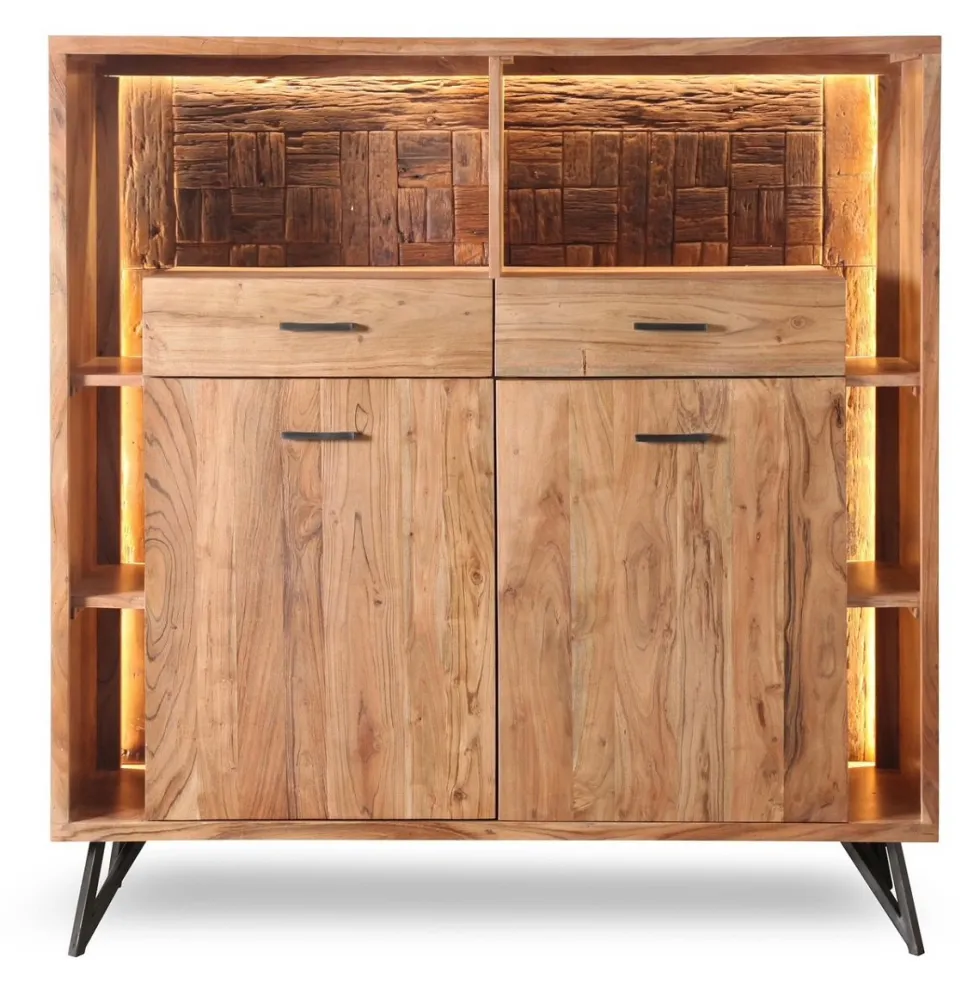 Highboard inkl.Beleuchtung 145x150cm 'Hunter' Akazie massiv