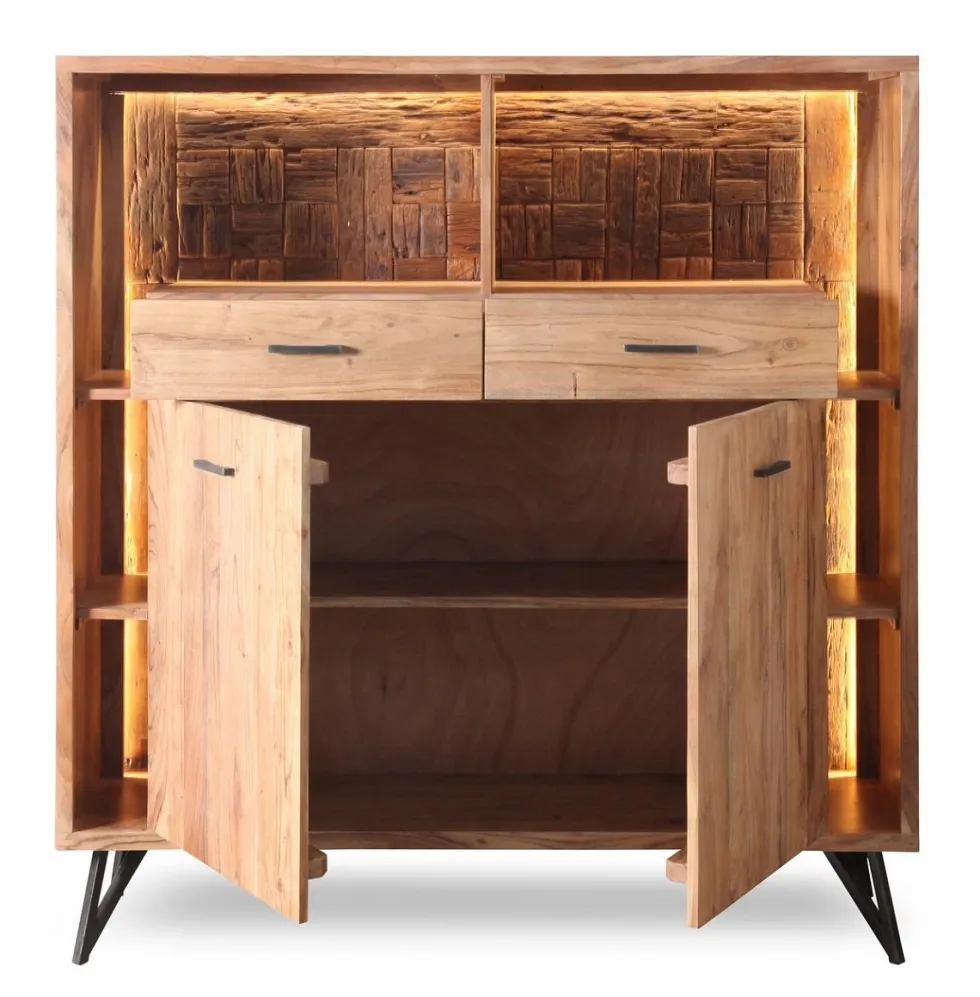 Highboard inkl.Beleuchtung 145x150cm 'Hunter' Akazie massiv