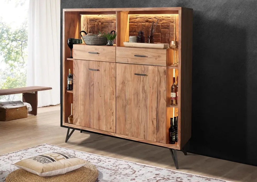 Highboard inkl.Beleuchtung 145x150cm 'Hunter' Akazie massiv