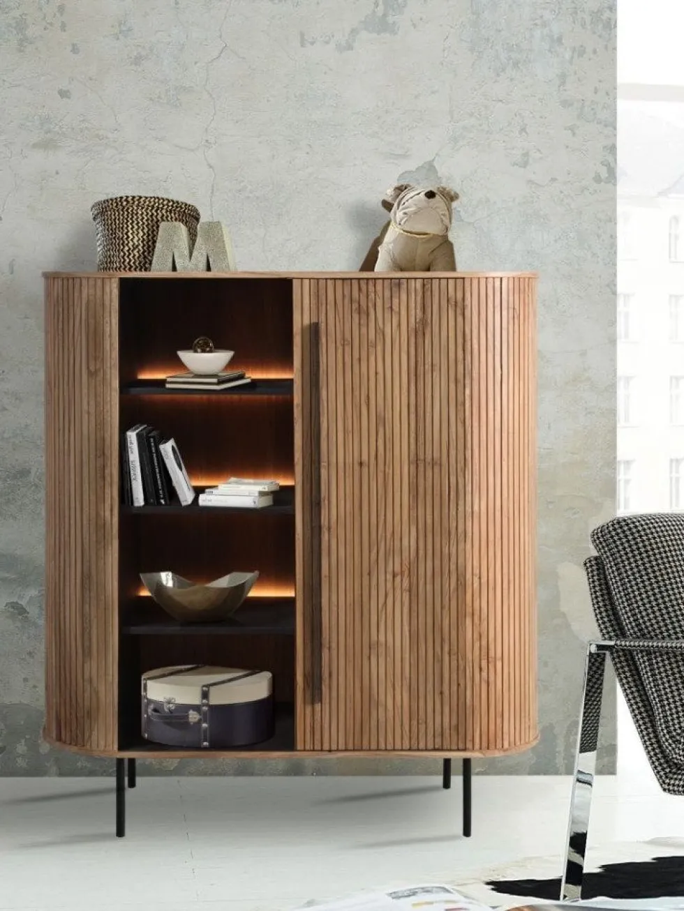 Highboard mit Beleuchtung 118cm 'Atlantic' Akazie massiv