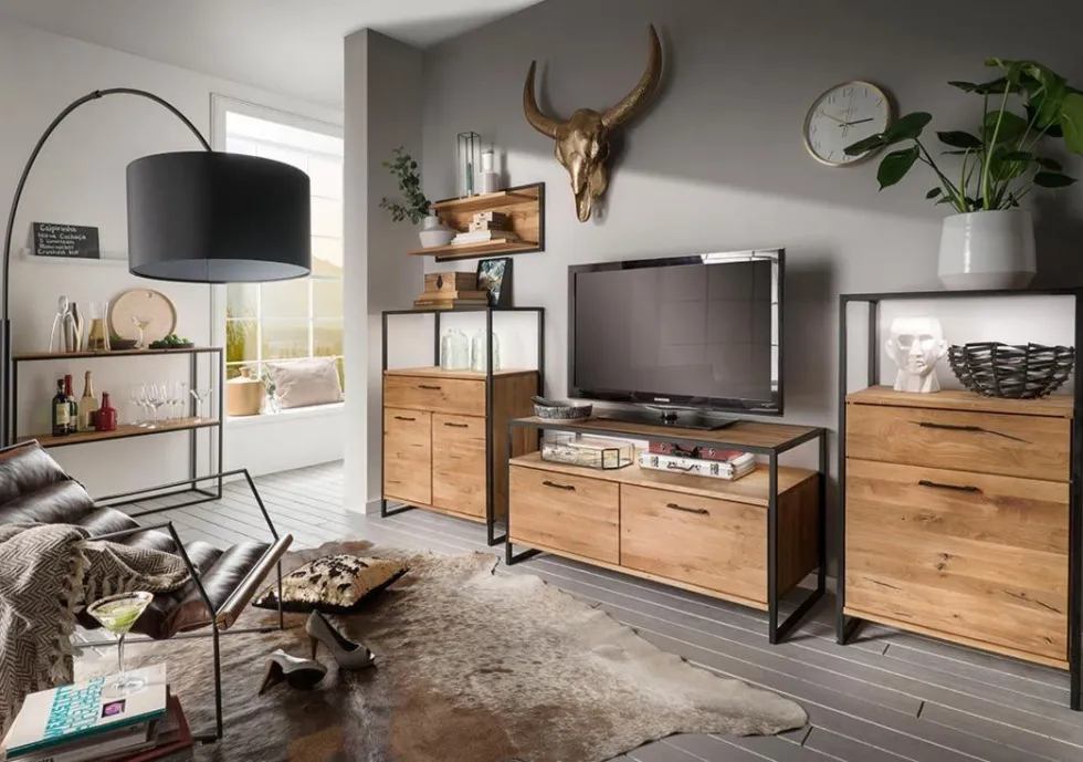 Highboard mit Glas 115x138cm "Dublin" Wildeiche & Eisen schwarz