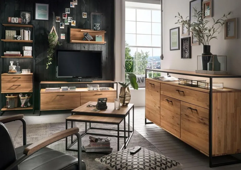 Highboard mit Glas 115x138cm "Dublin" Wildeiche & Eisen schwarz