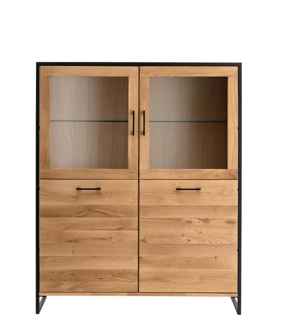 Highboard mit Glas 115x138cm "Dublin" Wildeiche & Eisen schwarz