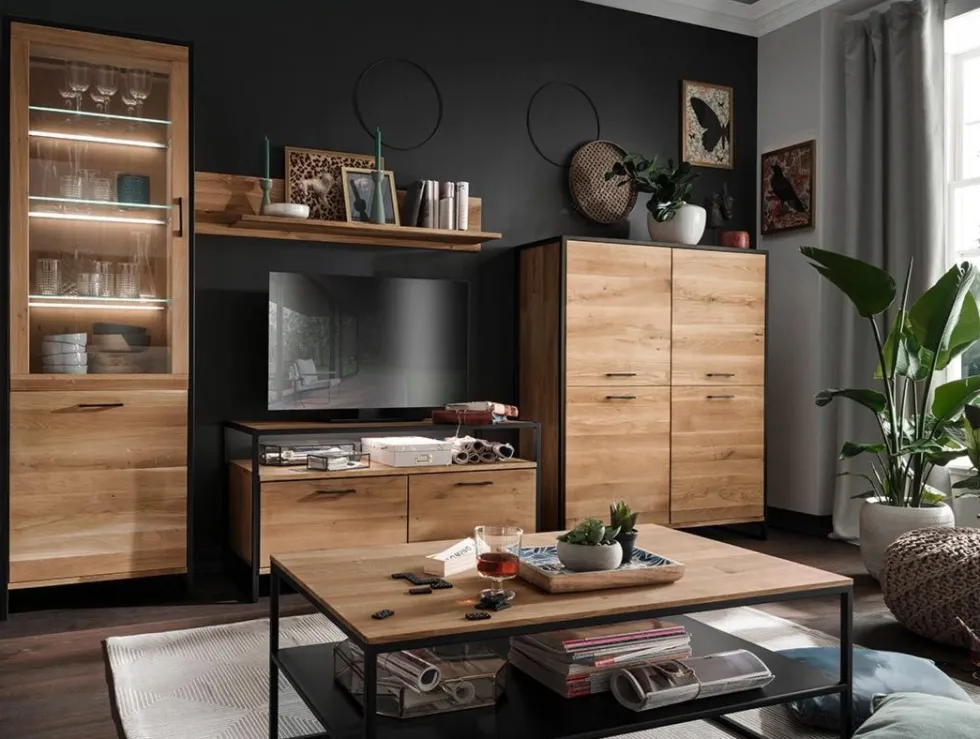 Highboard mit Glas 115x138cm "Dublin" Wildeiche & Eisen schwarz