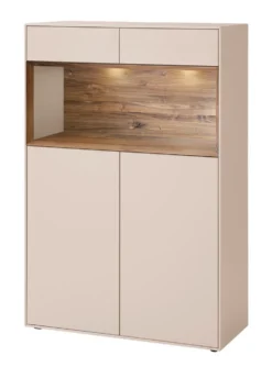 Highboard 90x133cm 'Locarno II' Nussbaum massiv & MDF creme inkl.Beleuchtung