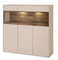 Highboard 135x133cm 'Locarno II' Nussbaum massiv & MDF creme inkl.Beleuchtung