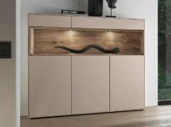 Highboard 135x133cm 'Locarno II' Nussbaum massiv & MDF creme inkl.Beleuchtung