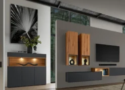 Highboard 135x133cm 'Locarno' Wildeiche massiv & MDF anthrazit inkl.Beleuchtung