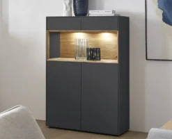 Highboard 90x133cm 'Locarno' Wildeiche massiv & MDF anthrazit inkl.Beleuchtung