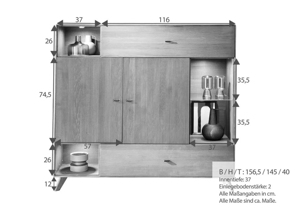 Highboard 157x145cm "Lugano" Kernbuche massiv Tabak geölt