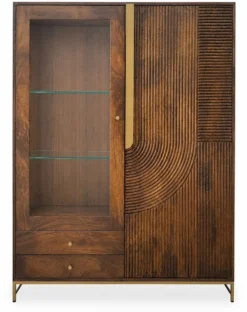 Highboard 120x160cm 'Marvello' Mango braun & Metall goldfarbig Glastür