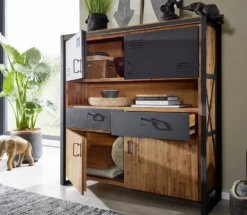 Highboard 141x150cm 'Montreux' Akazie & Metall schwarz