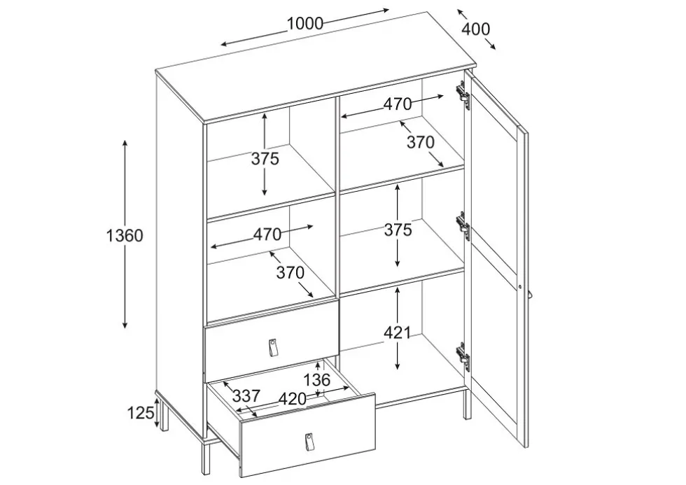 Highboard 100x136cm 'Seattle' Kiefer massiv schwarz