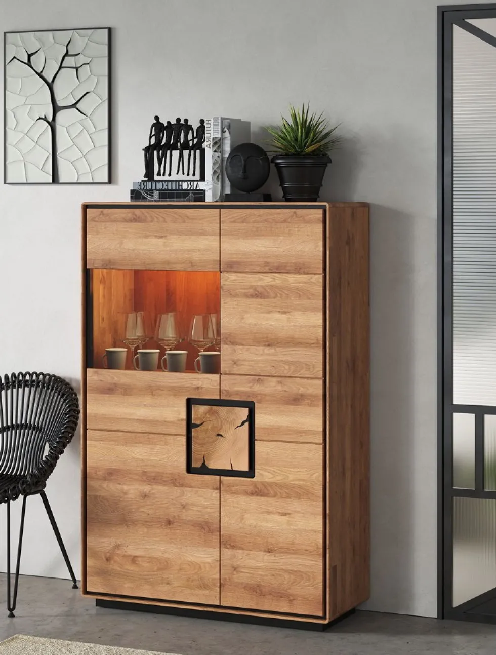 Highboard 100x151cm "Zarah" Wildeiche geölt Glas links