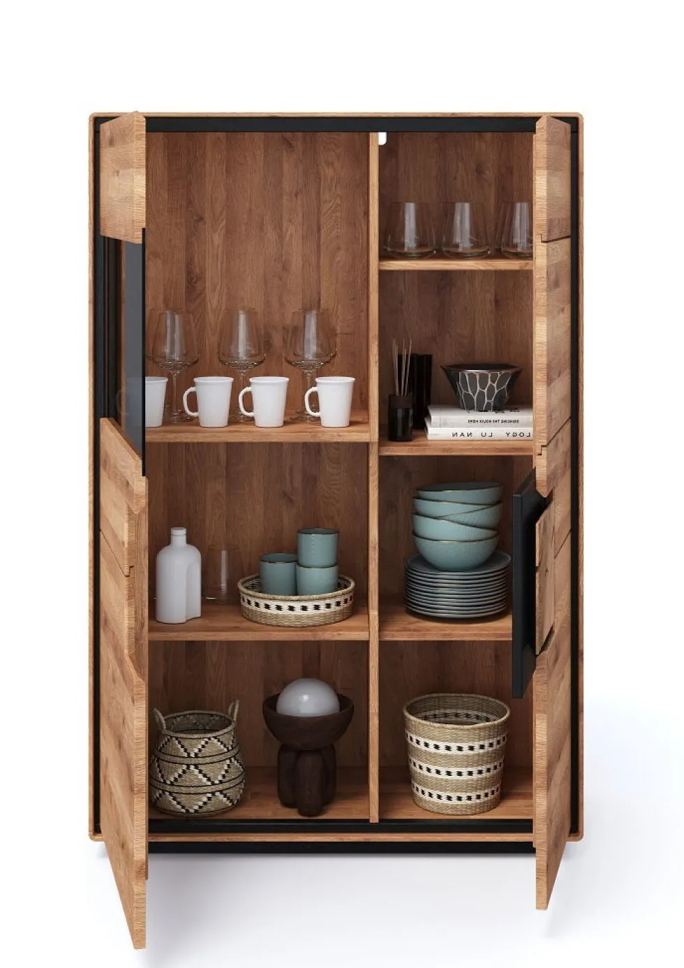 Highboard 100x151cm "Zarah" Wildeiche geölt Glas links