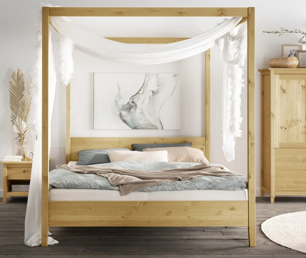 Himmelbett verschieden Breiten 'Jana' Kiefer massiv laugenfarbig 140x200cm