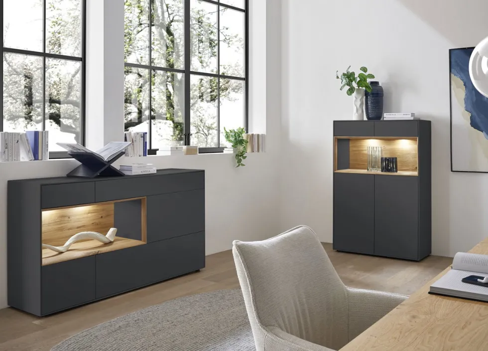 Hängevitrine 35x120cm 'Locarno' Wildeiche massiv & Rahmen MDF anthrazit inkl.Beleuchtung