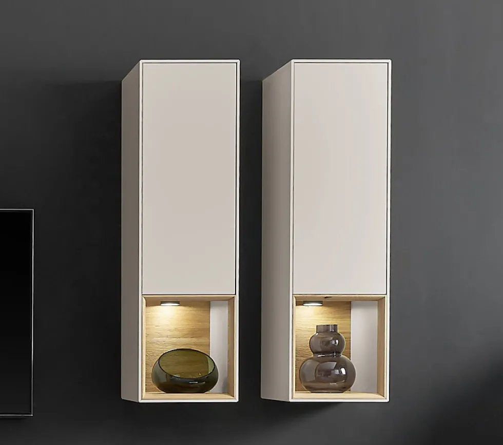 Hängevitrine 35x120cm 'Locarno' Wildeiche massiv & Front MDF creme inkl.Beleuchtung