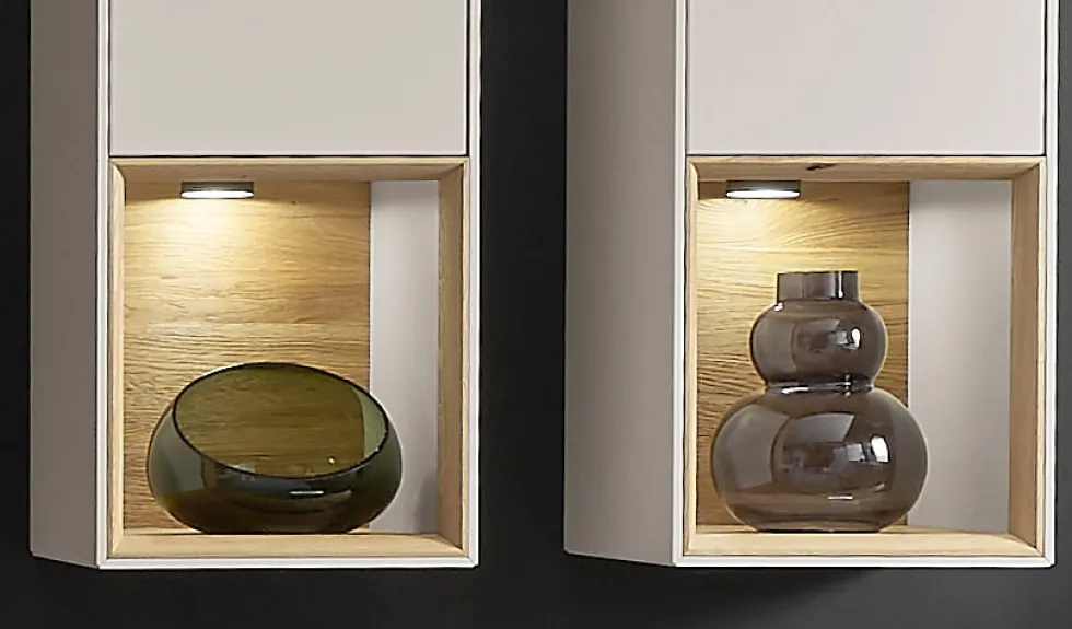 Hängevitrine 35x120cm 'Locarno' Wildeiche massiv & Front MDF creme inkl.Beleuchtung