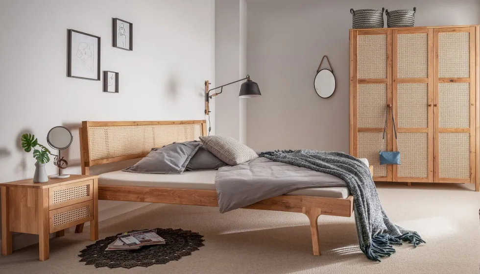 Jugendbett 140x200cm "Norden" Eiche & Rattangeflecht
