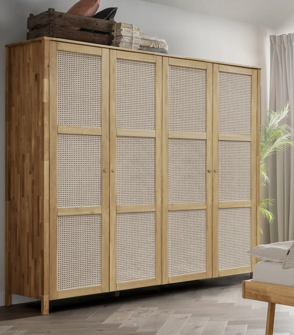 Kleiderschrank 202cm 4-trg. "Norden" Eiche & Rattangeflecht