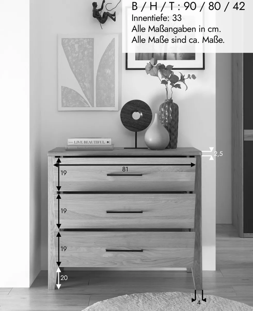 Kommode 90x80cm 'Ancona' Wildeiche teilmassiv geölt