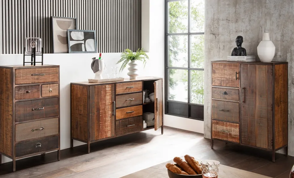 Kommode 60x117cm 'Compton' recyceltes Altholz & Eisen vintage
