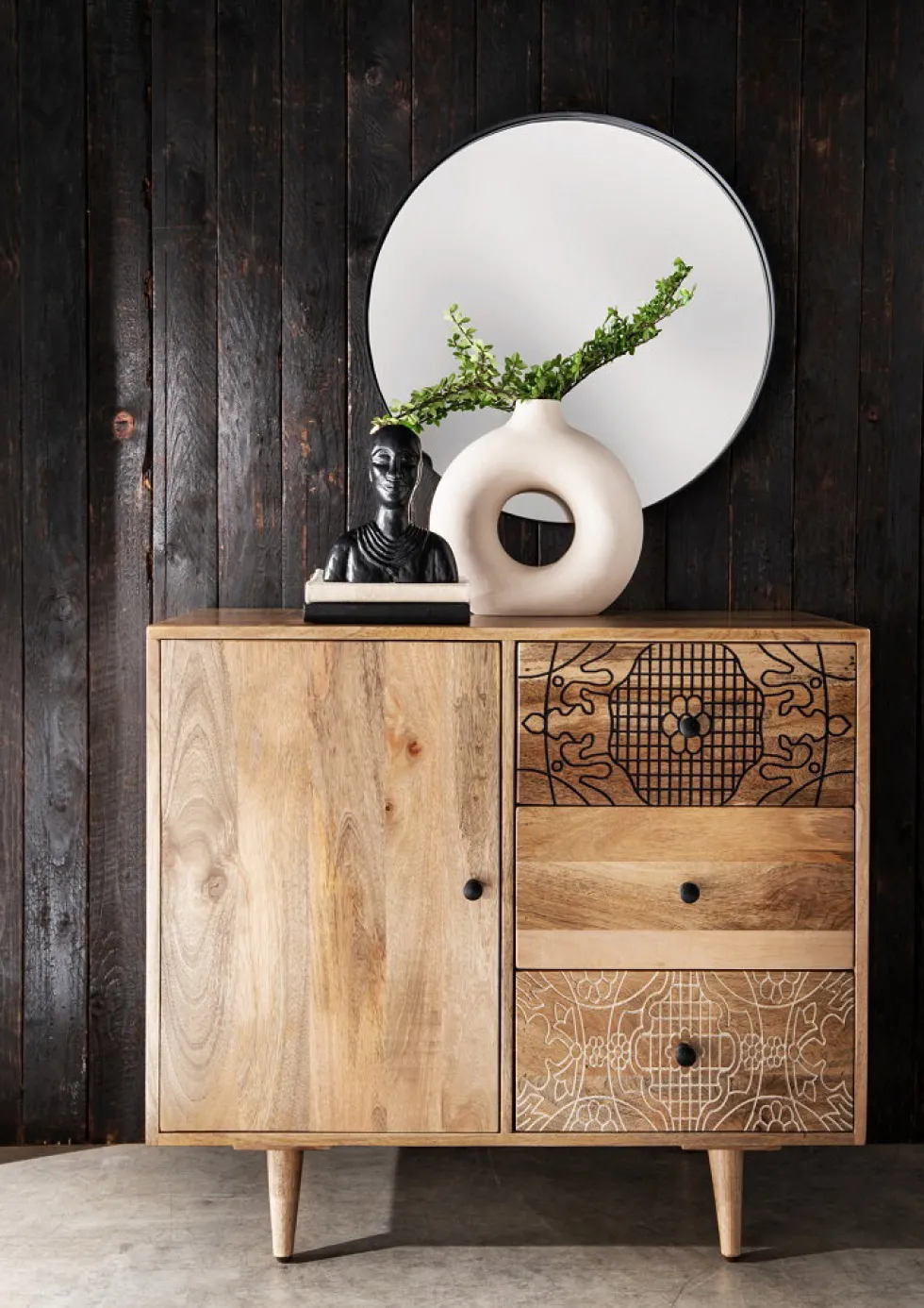 Kommode 90x80cm 'Lyn' Mangoholz mit schwarzen Ornamenten