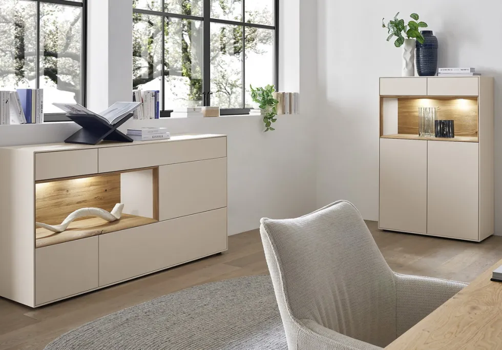 Lowboard mit Regal 140cm 'Locarno' Wildeiche massiv & MDF creme inkl.Beleuchtung