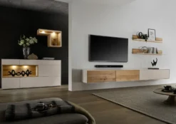 Lowboard mit Regal 140cm 'Locarno' Wildeiche massiv & MDF creme inkl.Beleuchtung