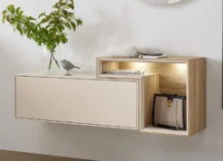 Lowboard mit Regal 140cm 'Locarno' Wildeiche massiv & MDF creme inkl.Beleuchtung