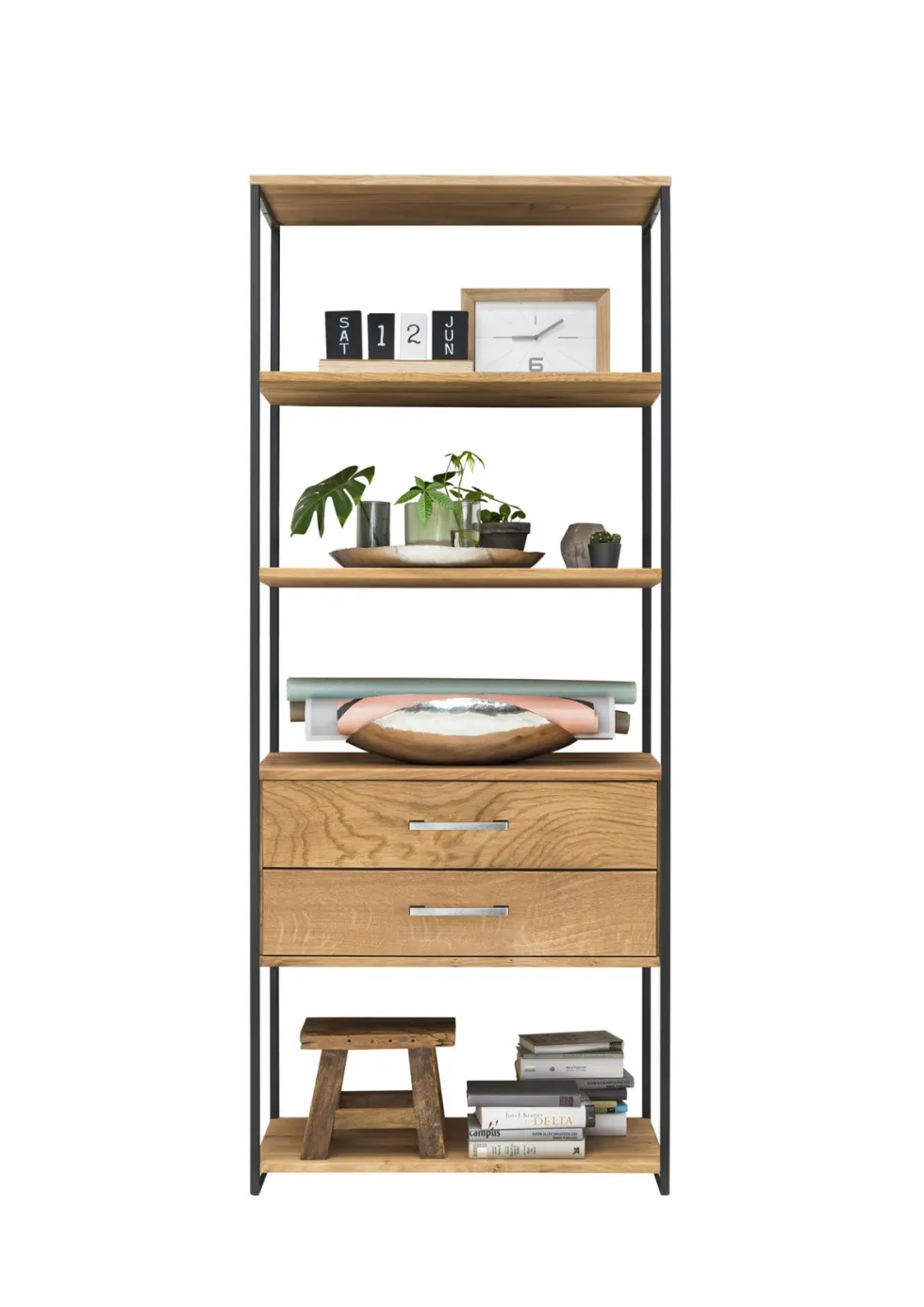 Regal mit Schubladen 80x198cm 'Lissabon' Wildeiche Stahl schwarz