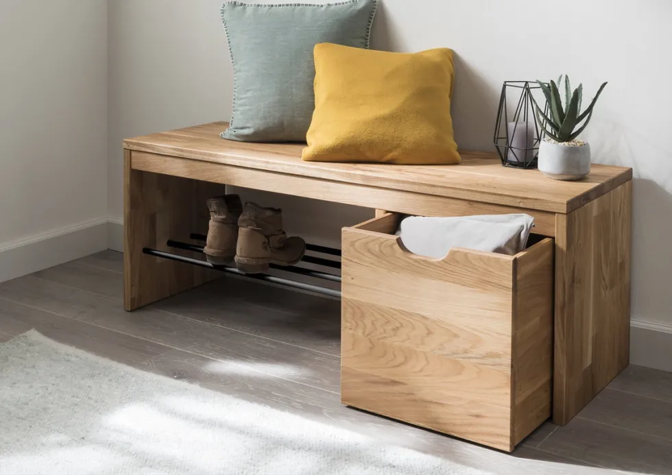 Schuhbank mit Schubkasten 120x45cm 'Stockholm' Wildeiche massiv