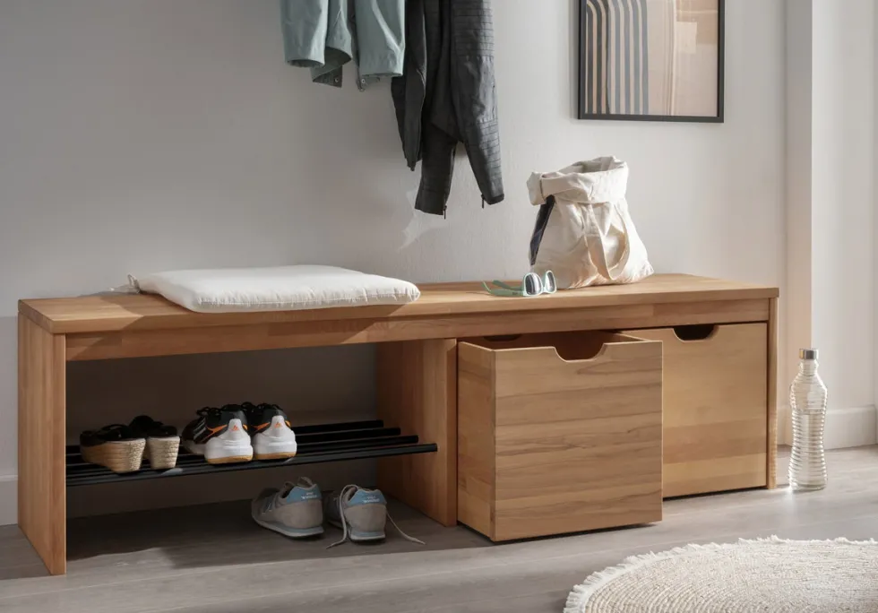 Schuhbank mit 2 Schubkästen 160x45cm 'Stockholm' Buche massiv
