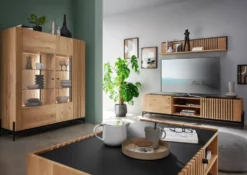 Sideboard 140cm Wildeiche 'Amalfi' verschiedene Ausführungen mit Glasplatte Holzfüße rund schwarz