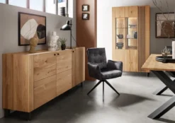 Sideboard 140cm Wildeiche 'Amalfi' verschiedene Ausführungen mit Glasplatte Holzfüße rund schwarz