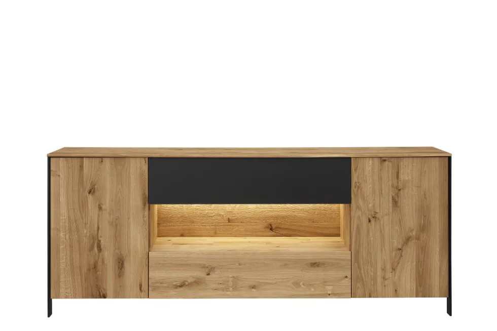 Sideboard mit Beleuchtung 205cm 'Boston ' Wildeiche geölt & Glas anthrazit